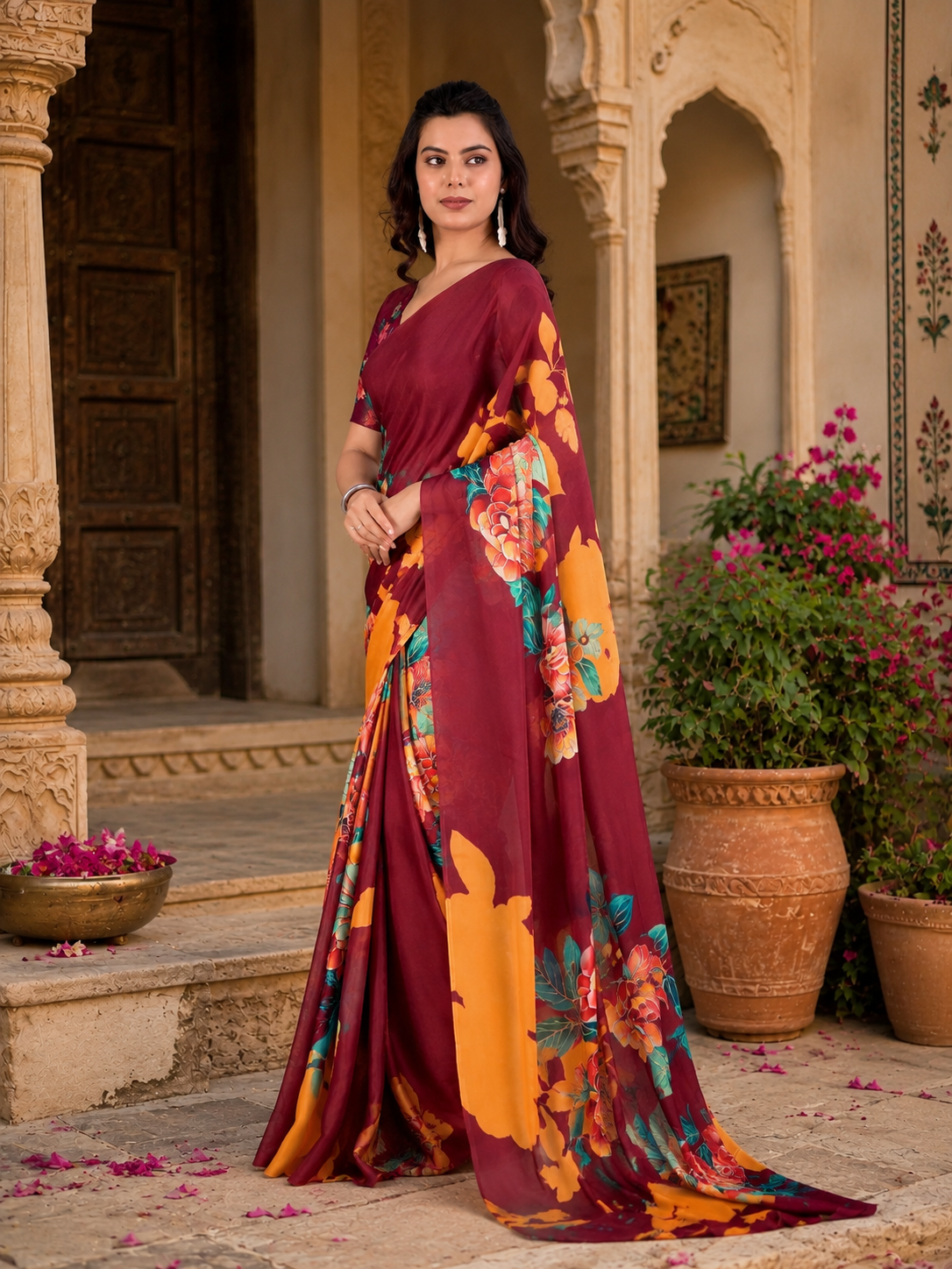 Georgette Satin Floral Printed Saree With Unstitched Blouse(Red)