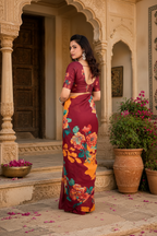 Georgette Satin Floral Printed Saree With Unstitched Blouse(Red)