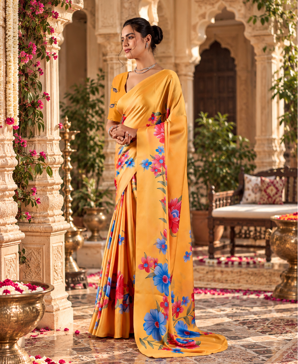 Satin Silk Floral Print Saree With Unstitched Blouse(Mustard)