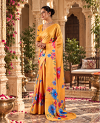 Satin Silk Floral Print Saree With Unstitched Blouse(Mustard)