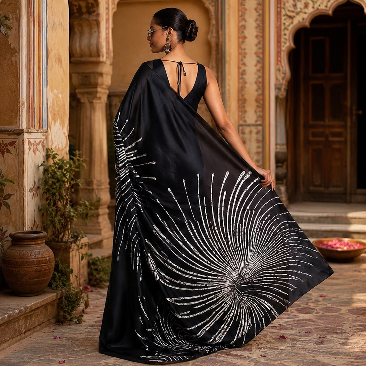 Japan Satin Printed Saree With Unstitched Blouse(Black)