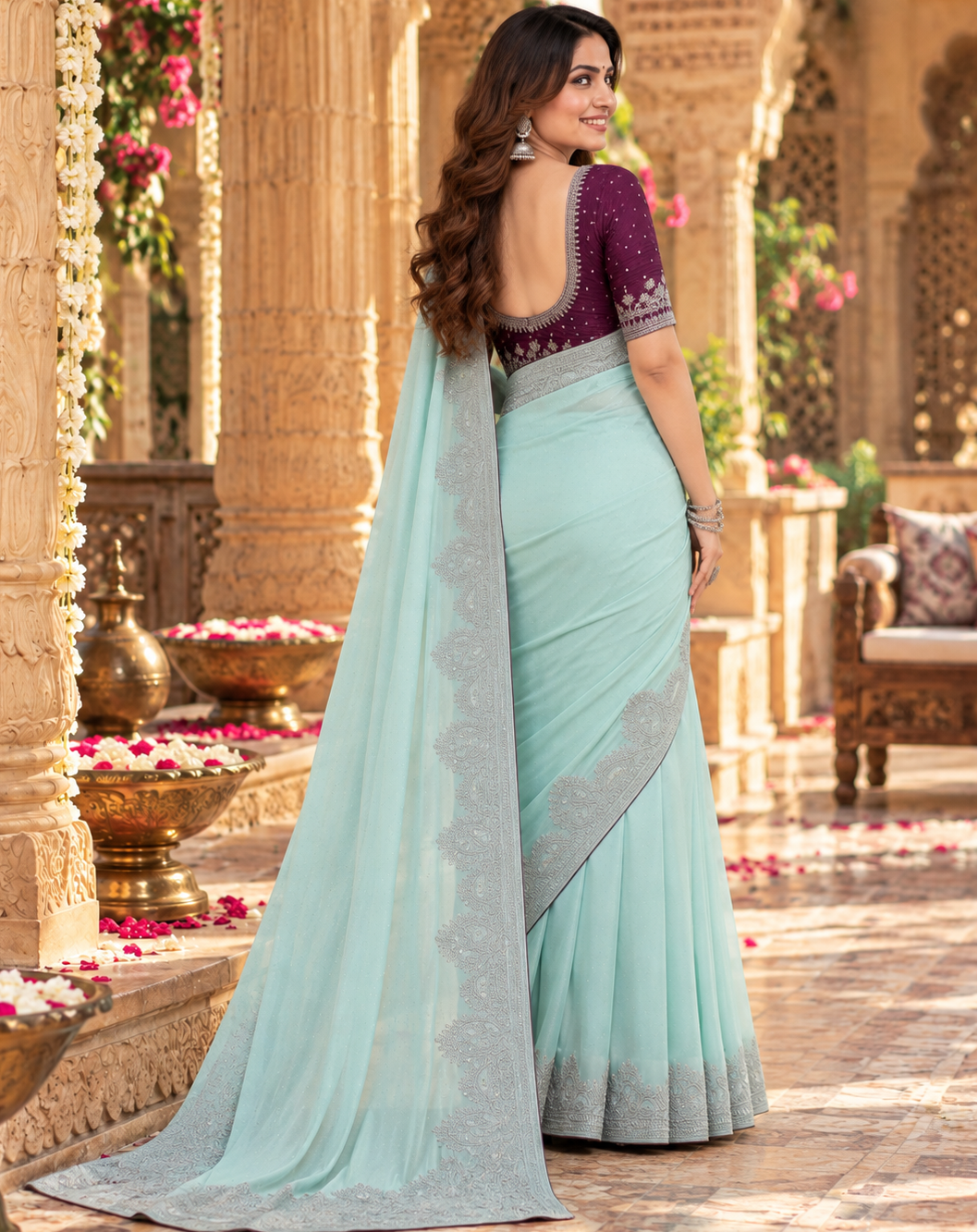 Chinon Silk Embroidery Work Saree With Unstitched Blouse(Sky Blue)