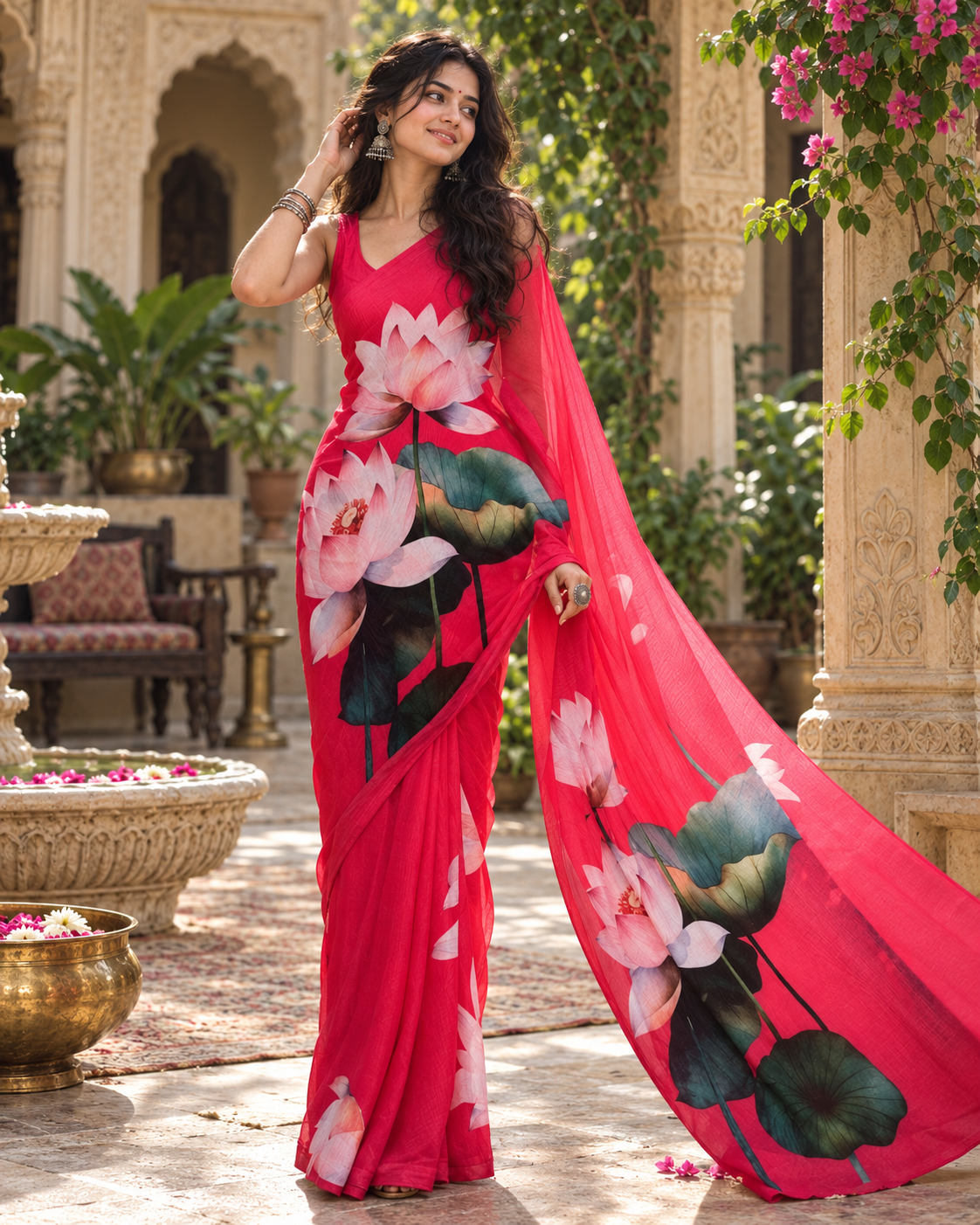 Georgette Floral Printed Saree With Unstitched Blouse(Red)