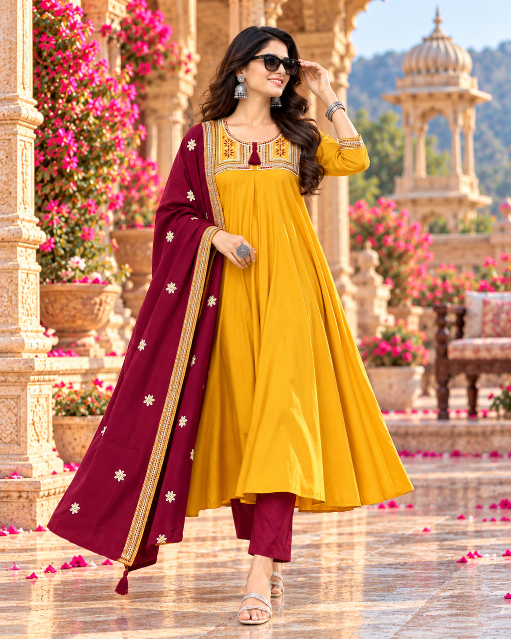 Roman Silk Embroidery Work Anarkali Kurti Pant Set With Dupatta(Mustard)