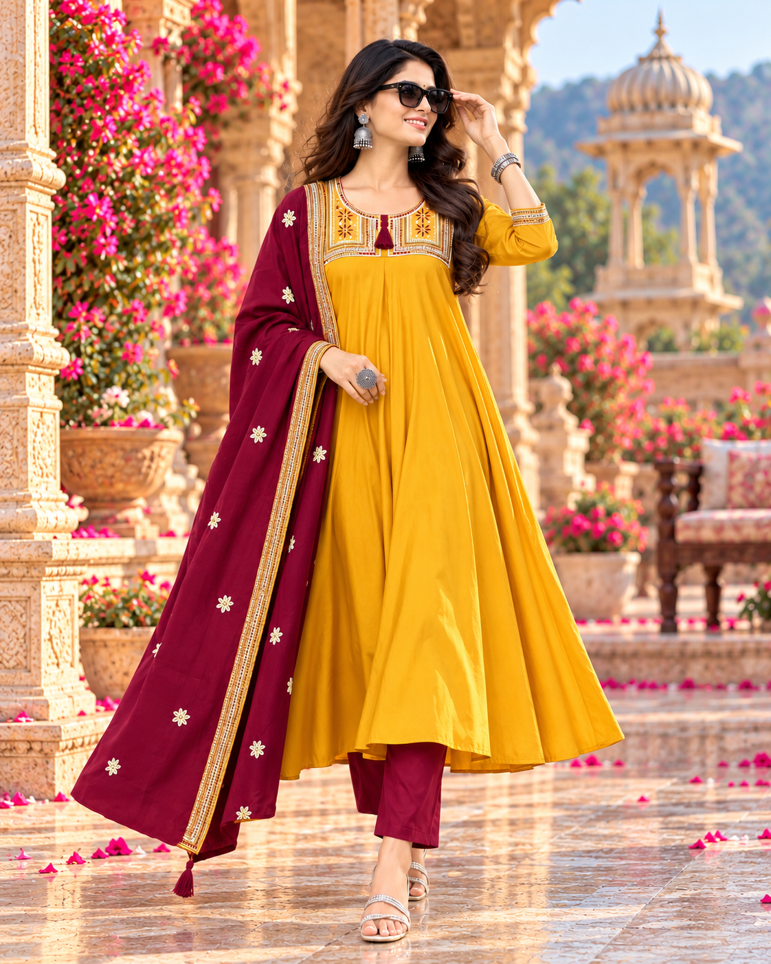 Roman Silk Embroidery Work Anarkali Kurti Pant Set With Dupatta(Mustard)