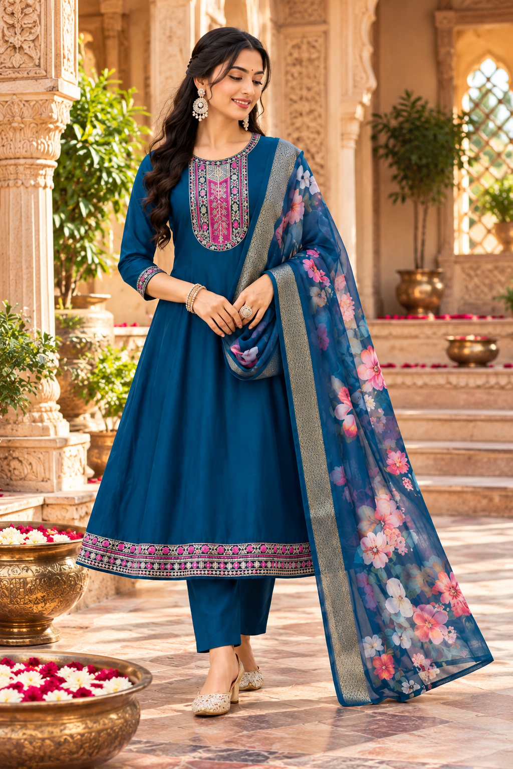 Cotton Embroidery Work Kurti Pant Set With Dupatta(Blue)
