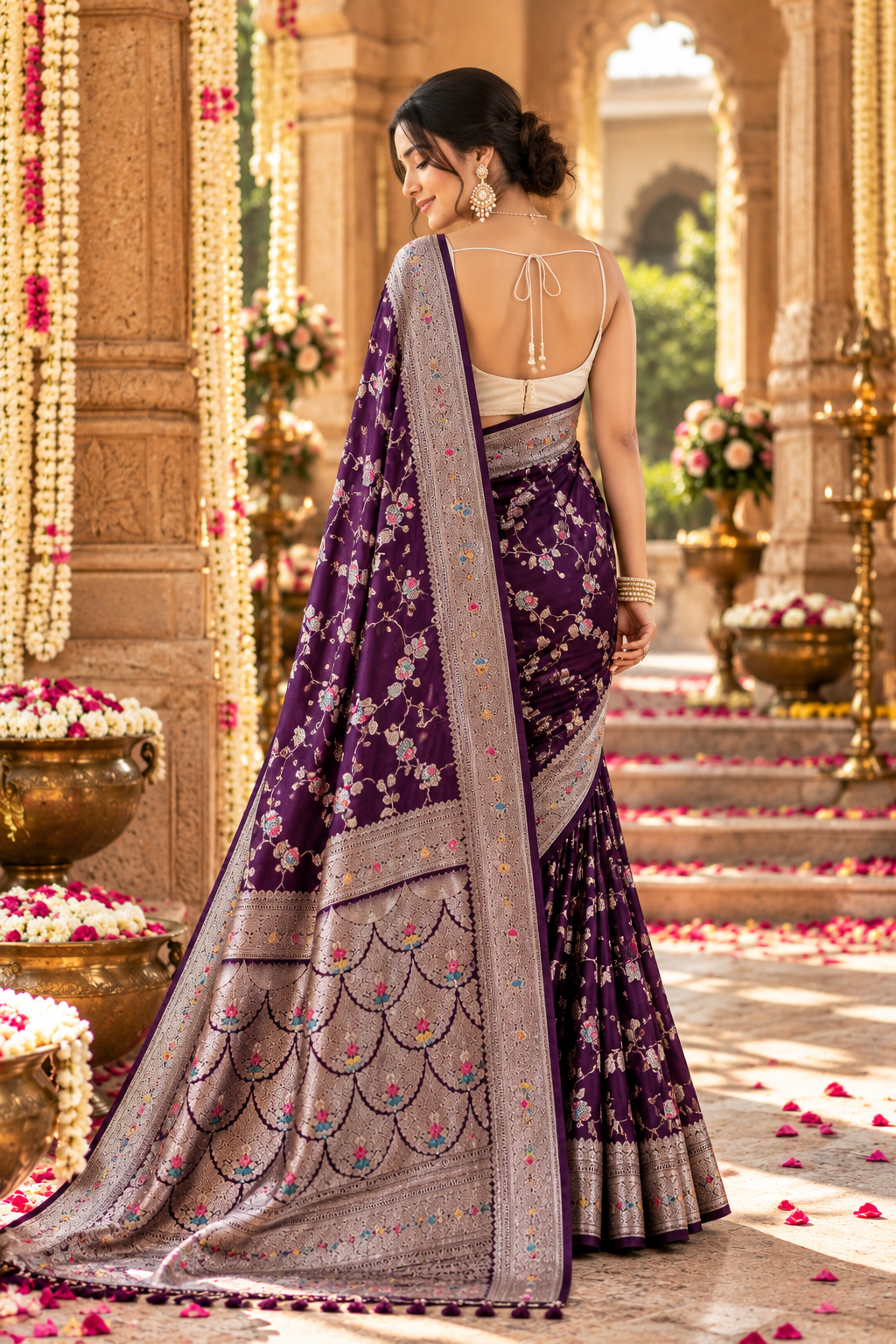 Banarasi Silk Zari Border Work Saree With Unstitched Blouse(Purple)