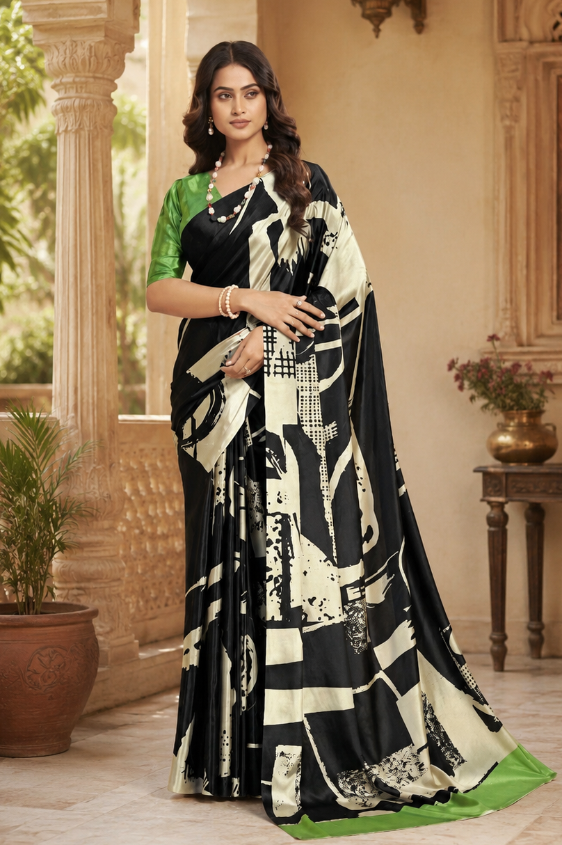 Premium Crepe Silk With Unstitched Blouse(Black)