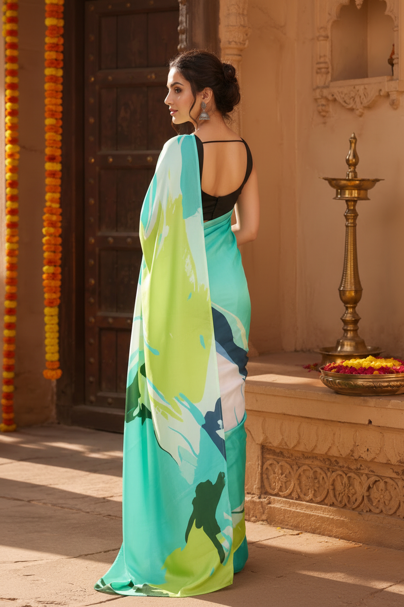 Satin Silk Printed Saree With Unstitched Blouse(Green)