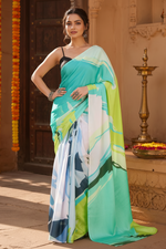 Load image into Gallery viewer, Satin Silk Printed Saree With Unstitched Blouse(Green)
