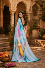 Load image into Gallery viewer, Soft Crepe Silk Digital Print Saree With Unstitched Blouse(Turquoise Blue)
