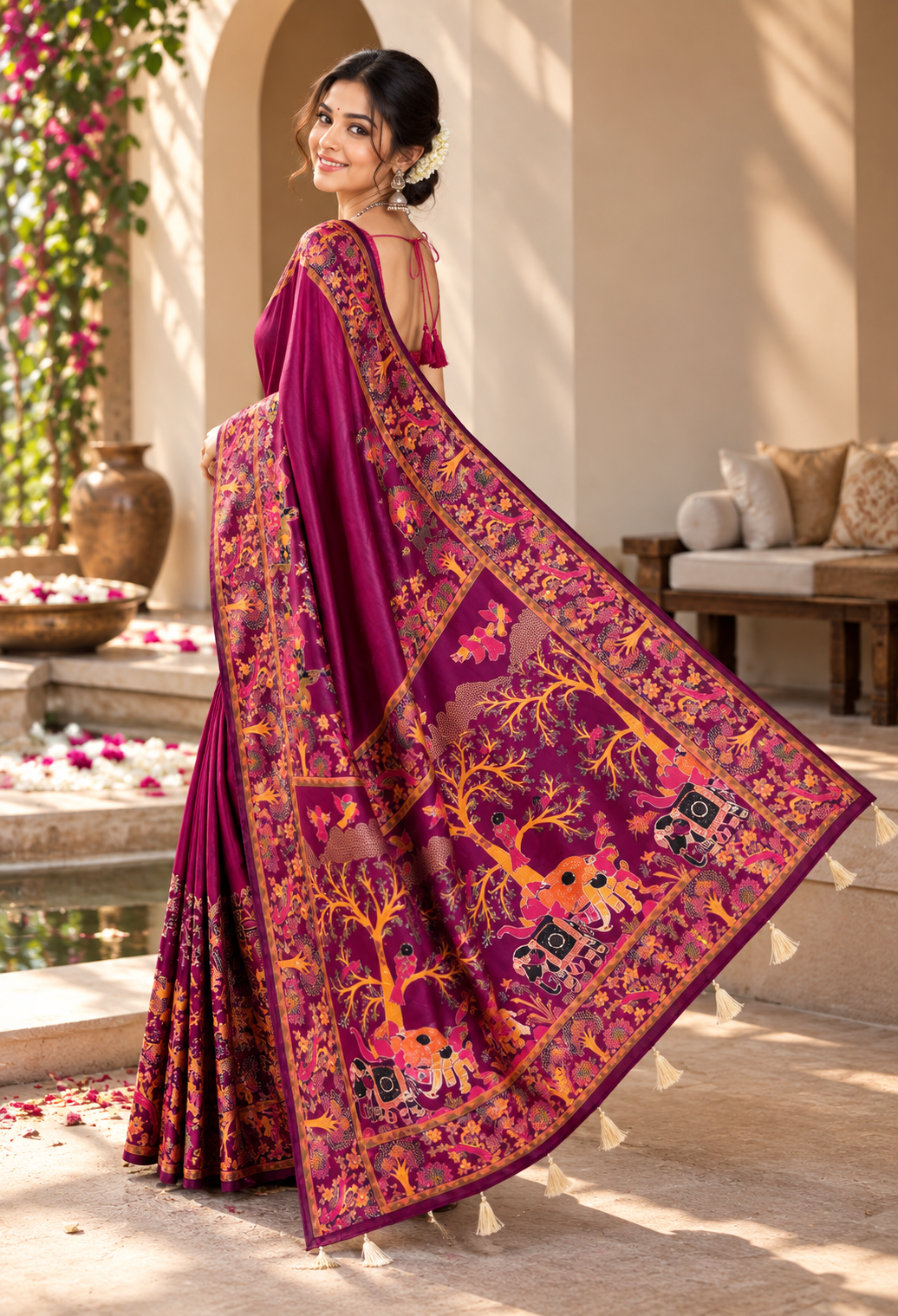 Premium Pashmina Kashmiri  Meenakari Weaves Tassels Saree (Wine )