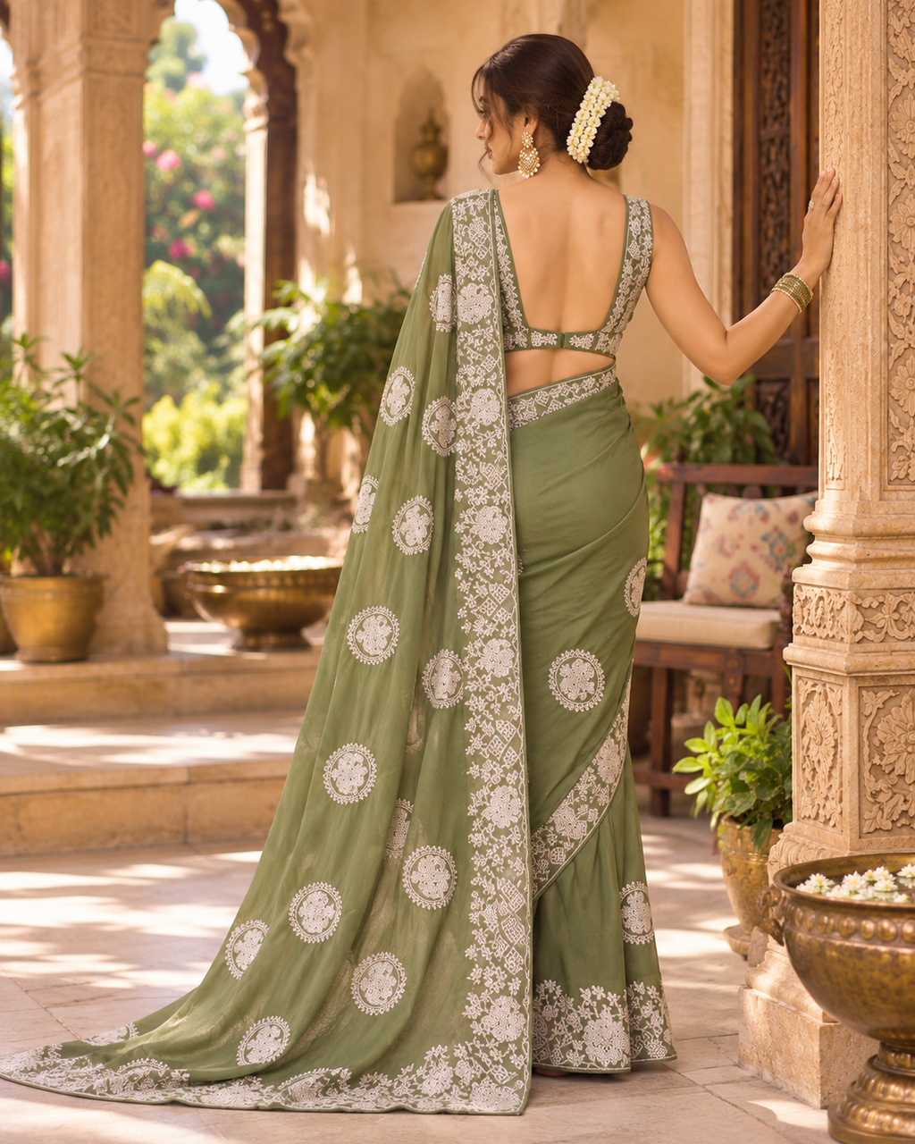 Star Georgette Embroidery Work Saree With Unstitched Blouse(Green)