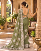 Star Georgette Embroidery Work Saree With Unstitched Blouse(Green)