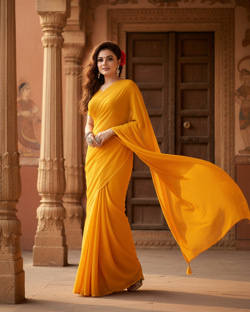 Women's Georgette Plain Saree With Blouse (Gold, 5-6 Mtrs) Kashvii