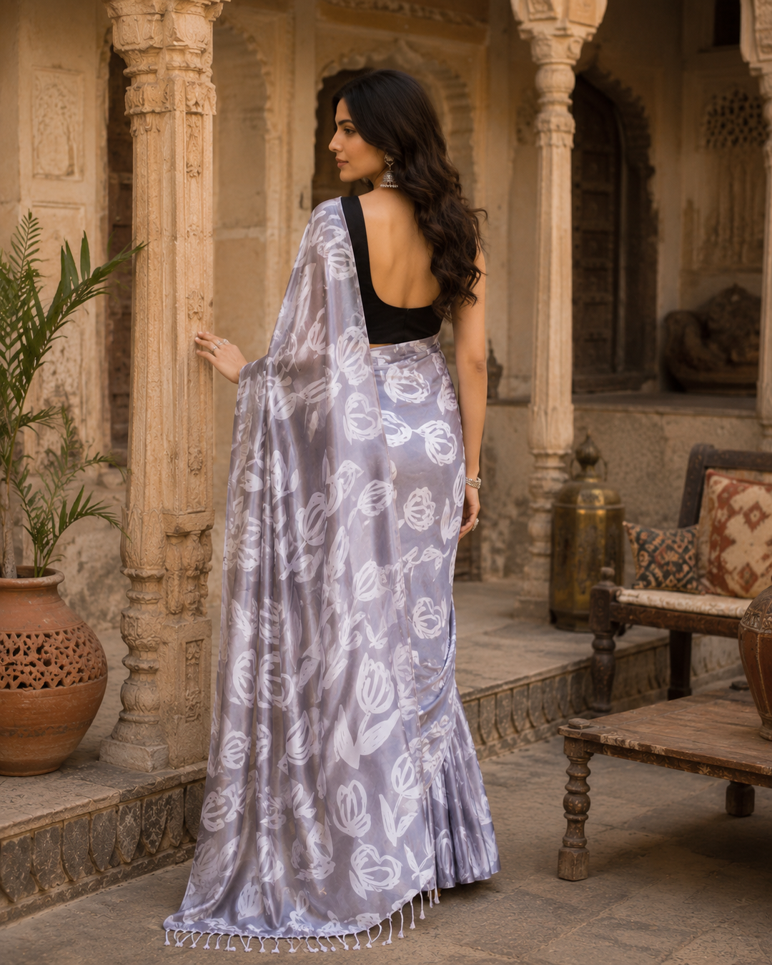 Satin Silk Printed Saree With Unstitched Blouse(Grey)
