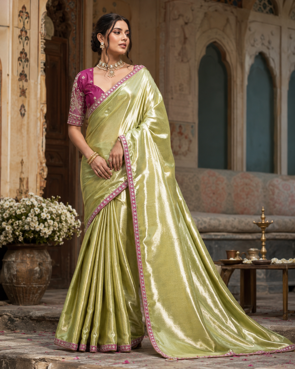 Soft Tissue Silk Sequins Work Saree With Unstitched Blouse(Green)