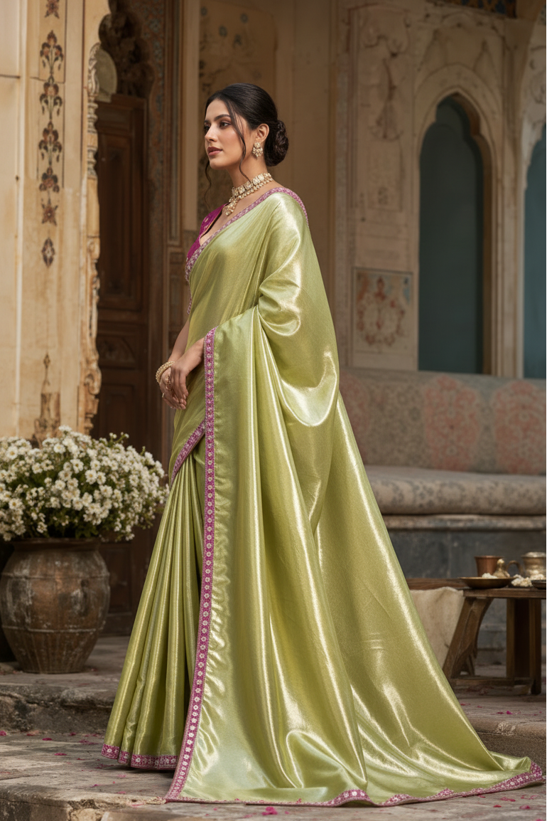 Soft Tissue Silk Sequins Work Saree With Unstitched Blouse(Green)