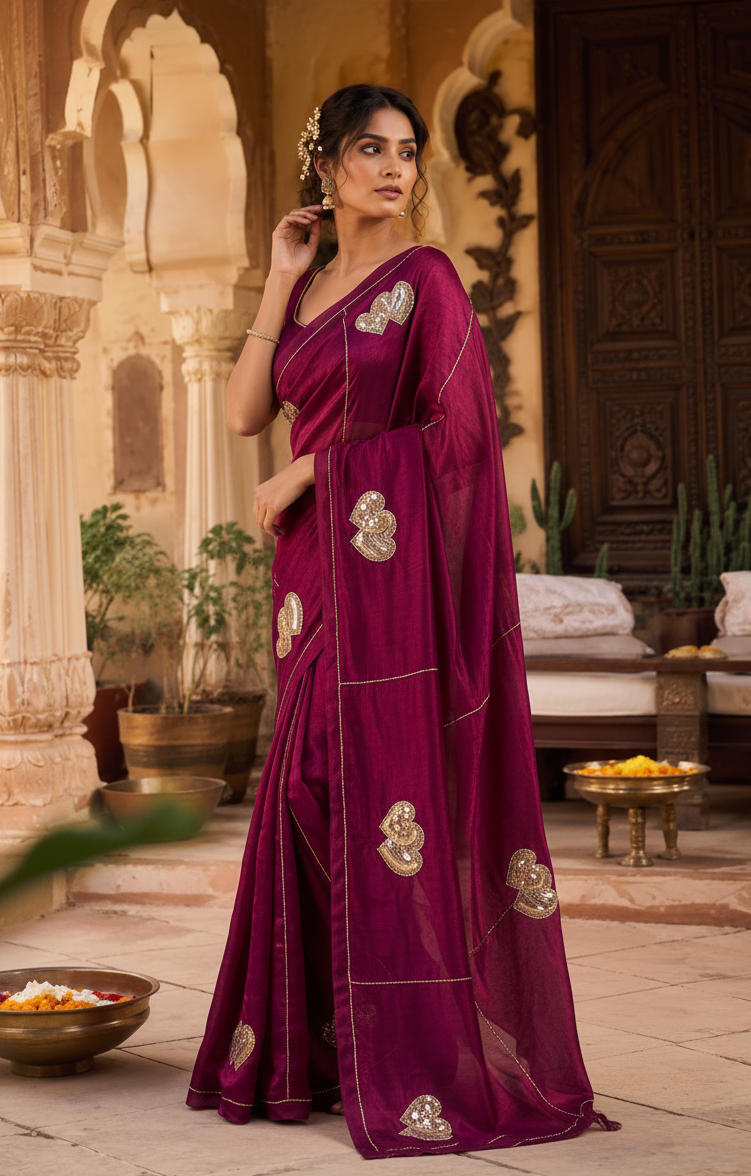 Space Silk Sequins Work Saree With Unstitched Blouse(Wine)
