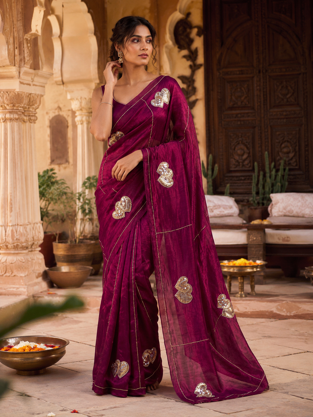 Space Silk Sequins Work Saree With Unstitched Blouse(Wine)