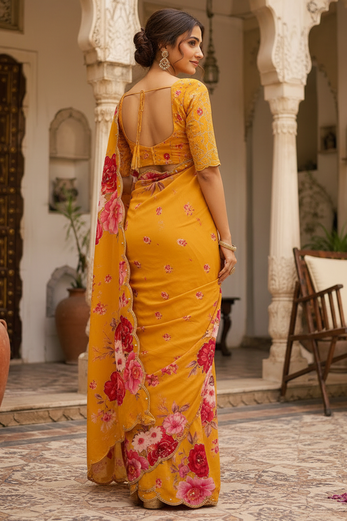 Premium Georgette Digital Floral Print Saree With Unstitched Blouse(Yellow)