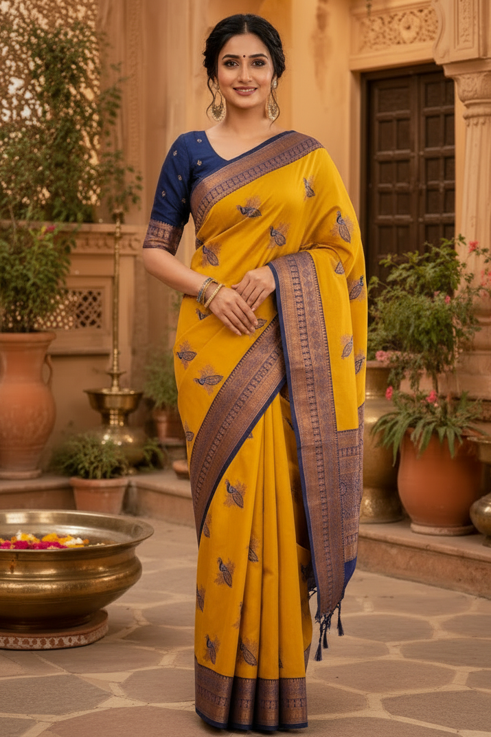 Pure Banarasi Silk Saree With Unstitched Blouse(Mustard)