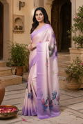 Satin Silk Floral Print Saree With Unstitched Blouse(Peach)