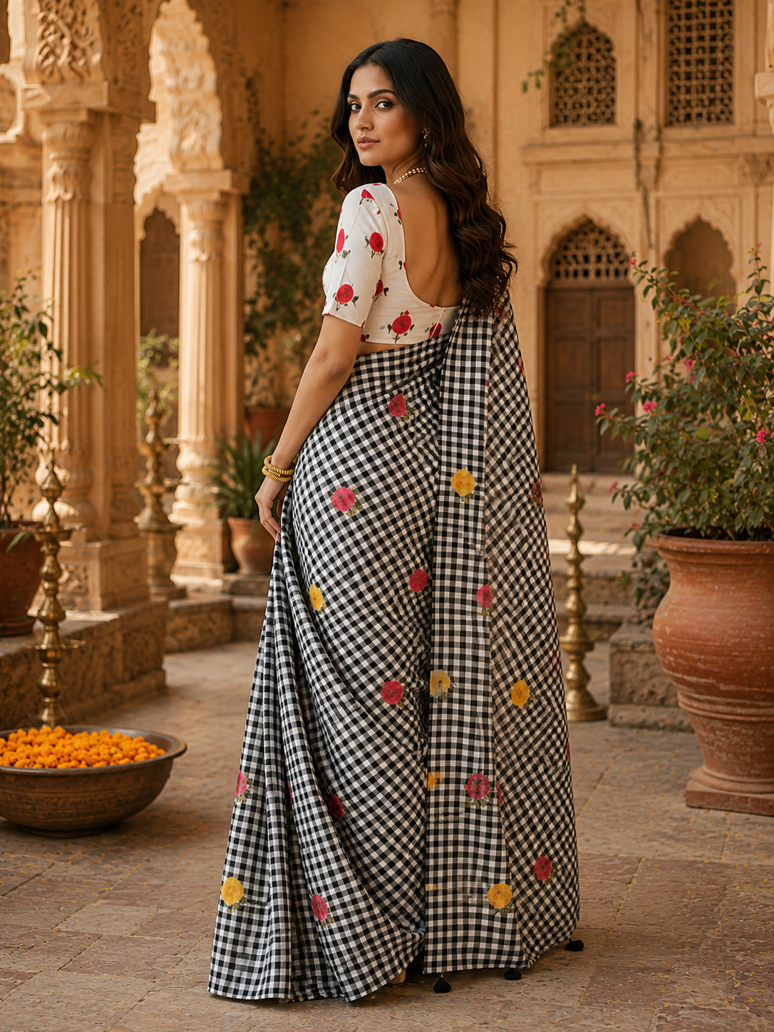 Linen Flora Chex Printed Saree With Unstitched Blouse(Grey)