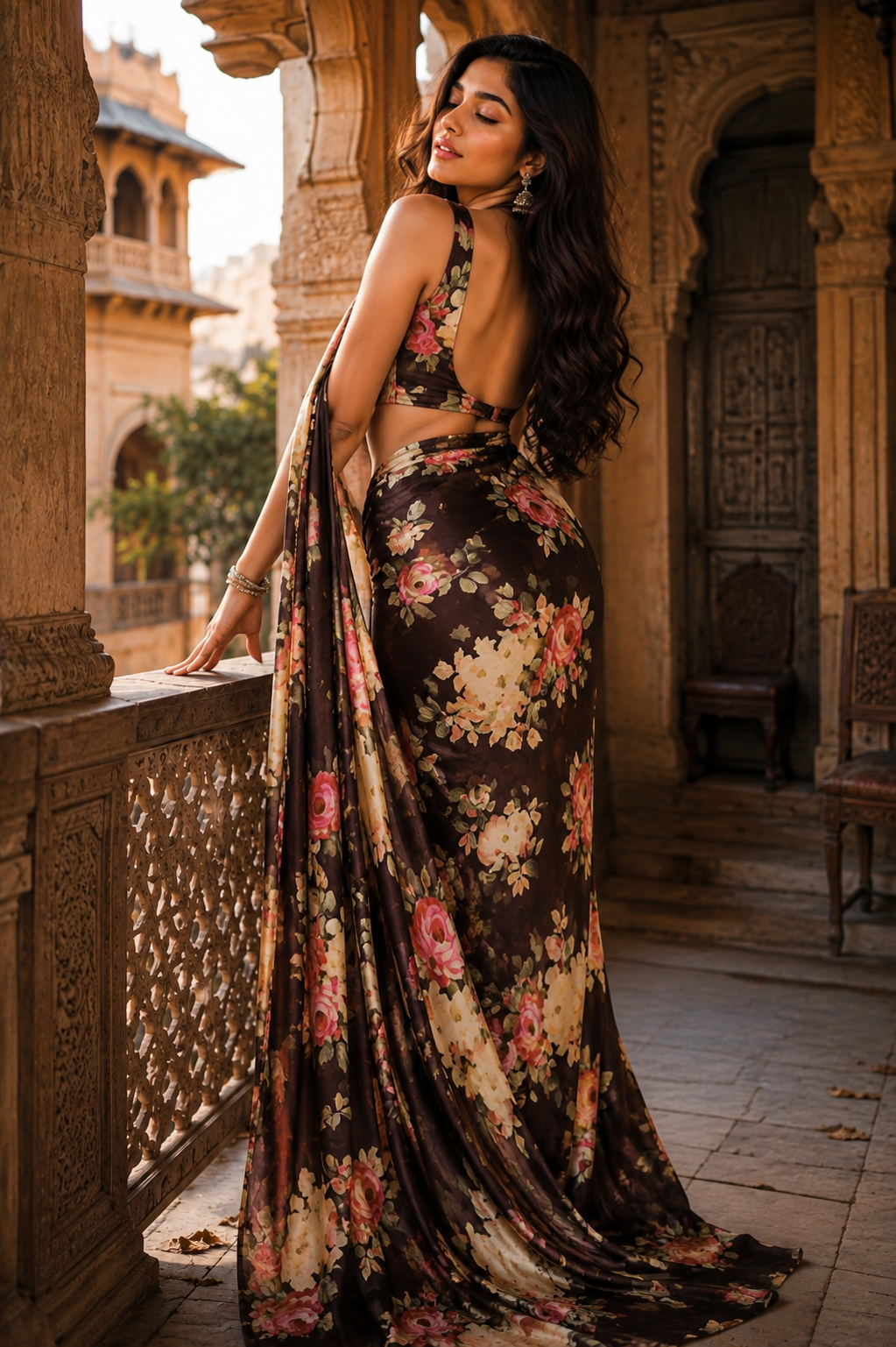 Satin Silk Printed Saree with Unstitched Blouse(Black)