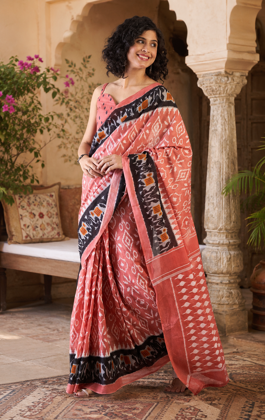 Mulmul Cotton Printed Pocket Saree With Unstitched Blouse(Peach)