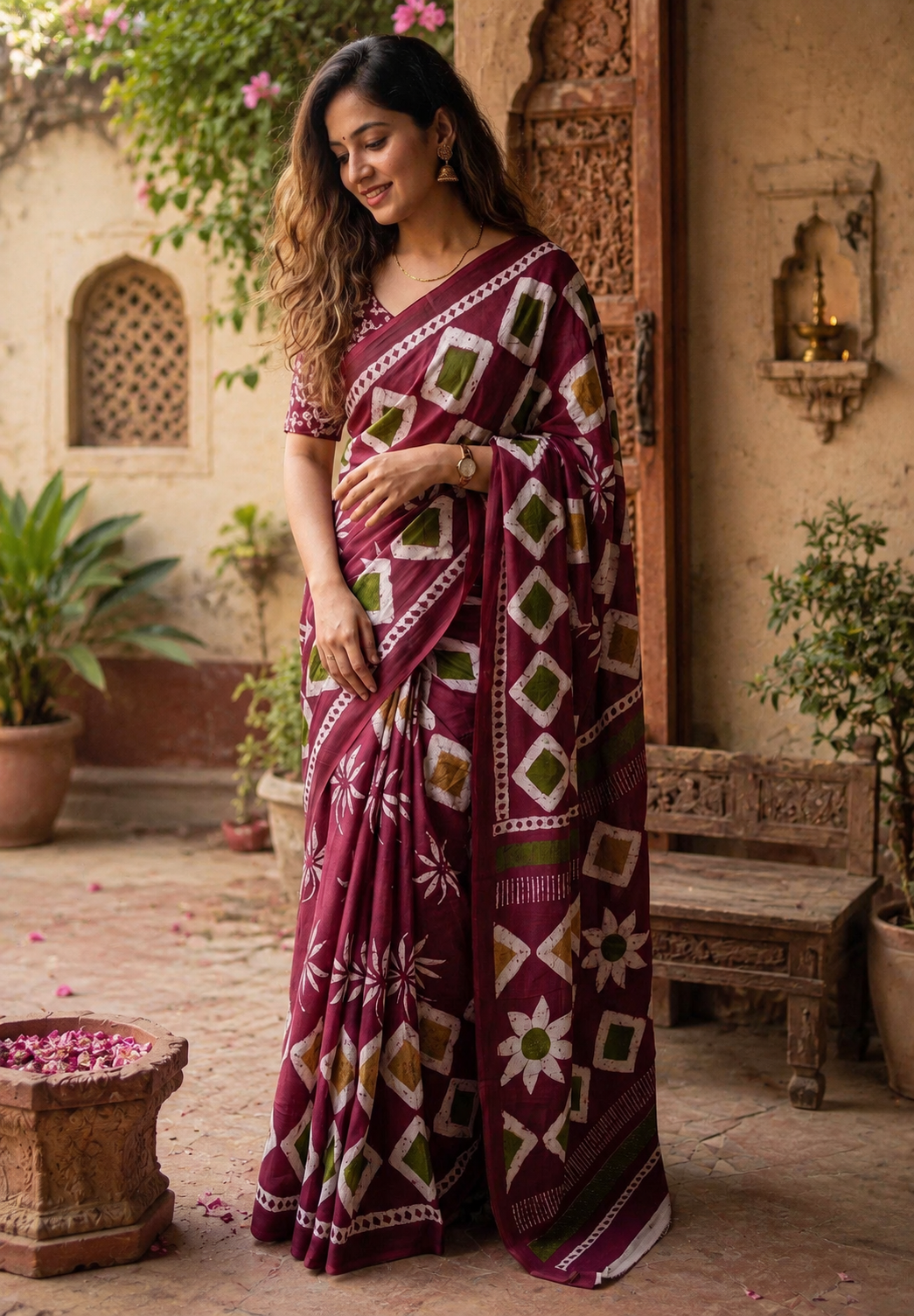 Soft Mulmul Cotton Batik Block-Printed Saree with Unstitched Blouse(Wine)