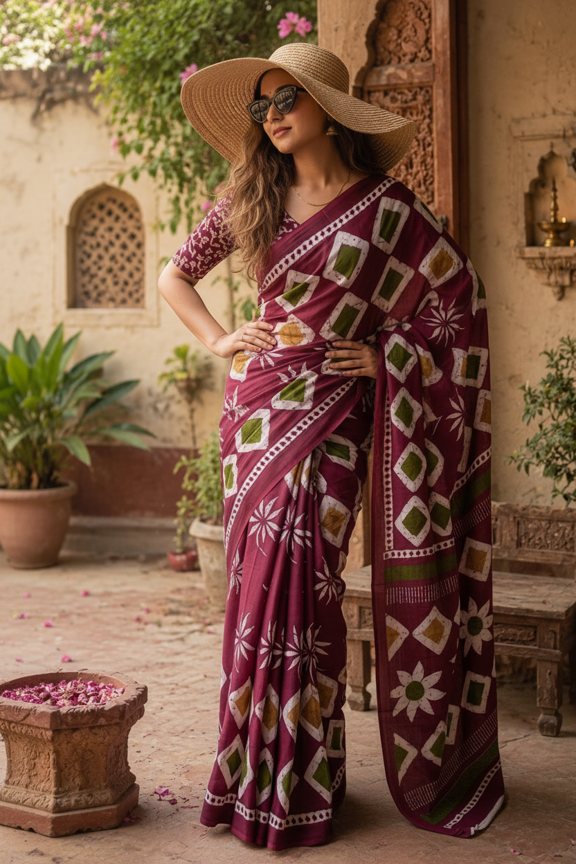 Soft Mulmul Cotton Batik Block-Printed Saree with Unstitched Blouse(Wine)