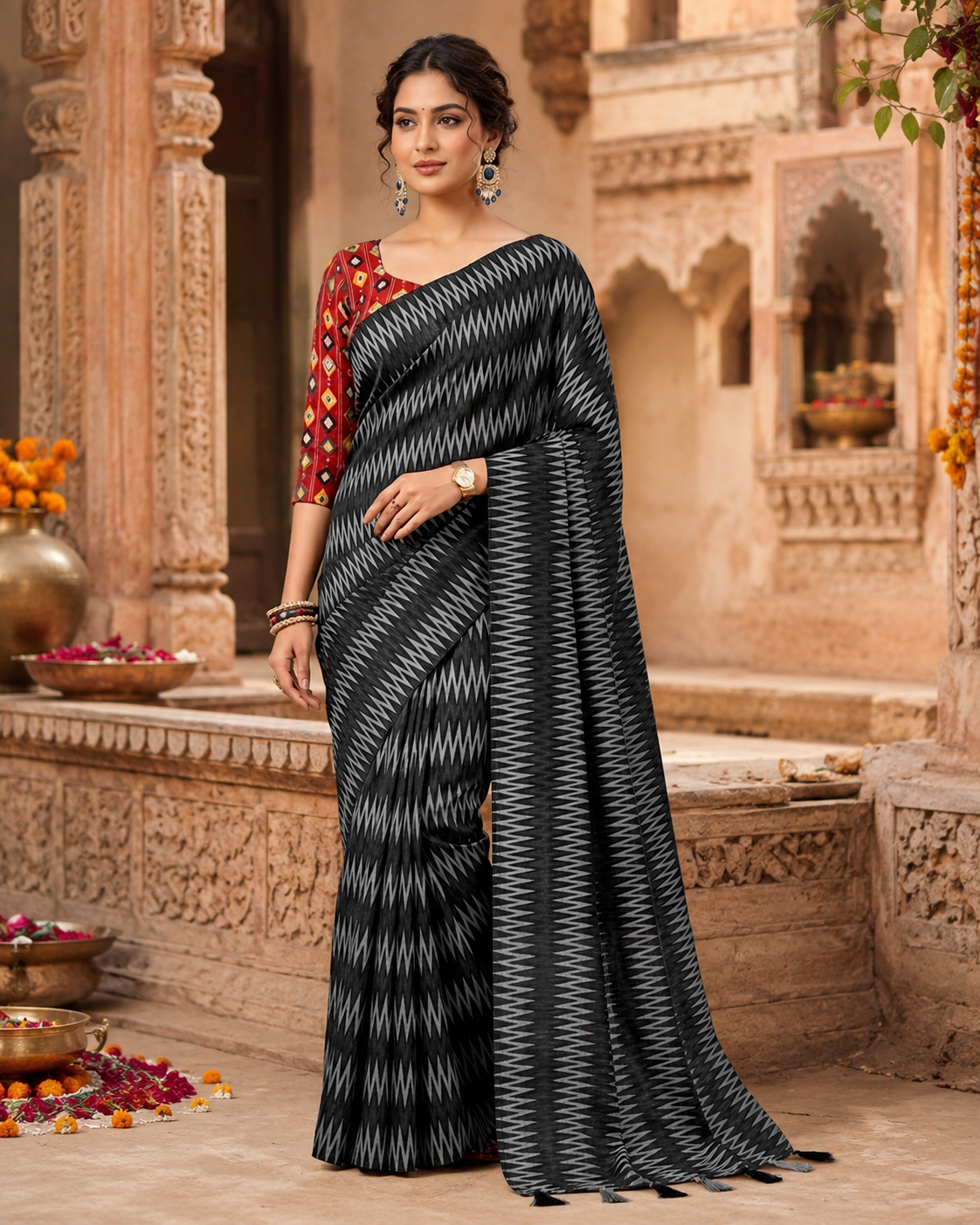 Crepe Silk Printed Sarees With Unstitched Blouse(Black)