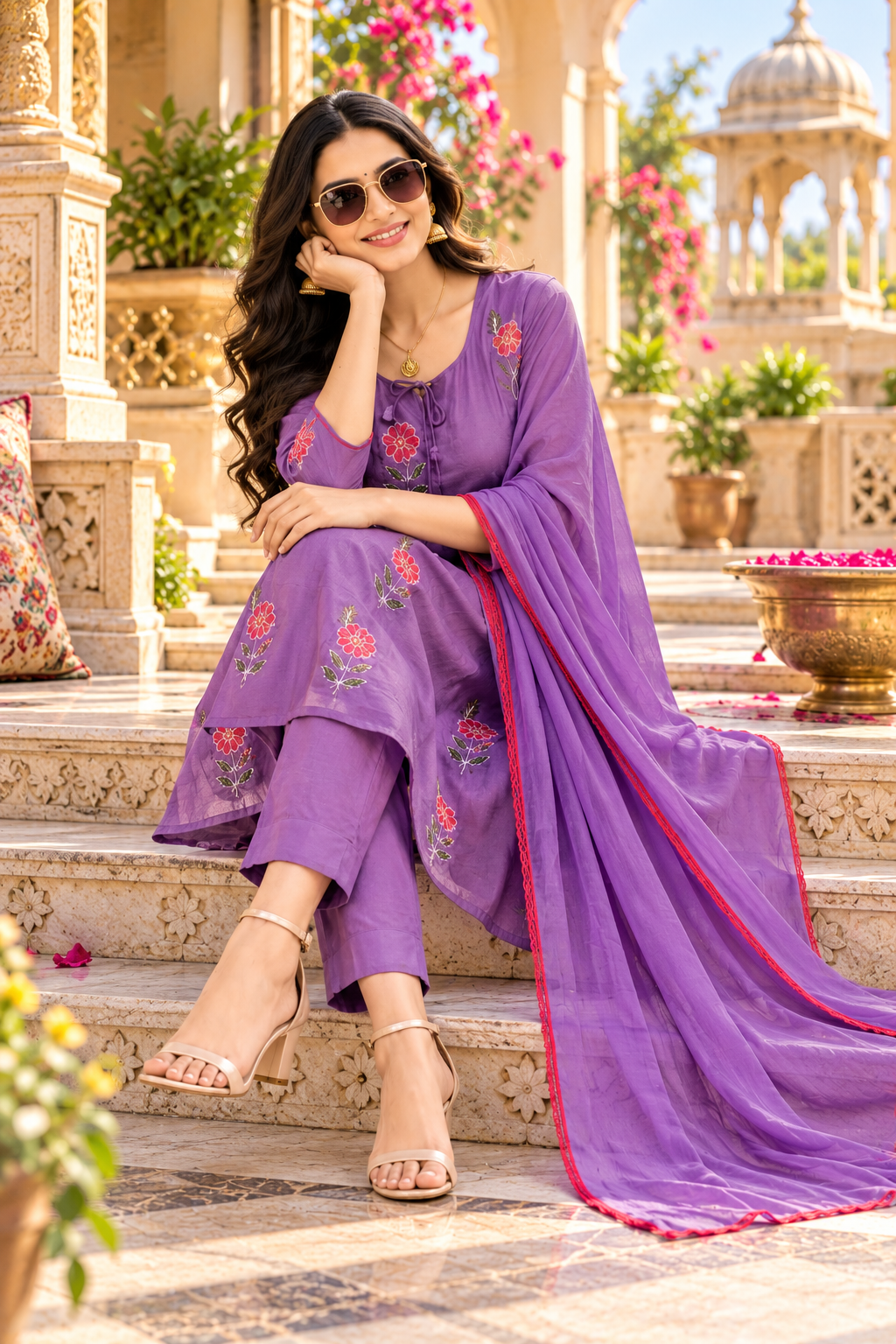 Chanderi Cotton Kurti Pant Set With Dupatta Set(Purple)