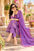 Chanderi Cotton Kurti Pant Set With Dupatta Set(Purple)