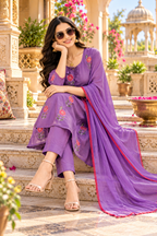 Chanderi Cotton Kurti Pant Set With Dupatta Set(Purple)