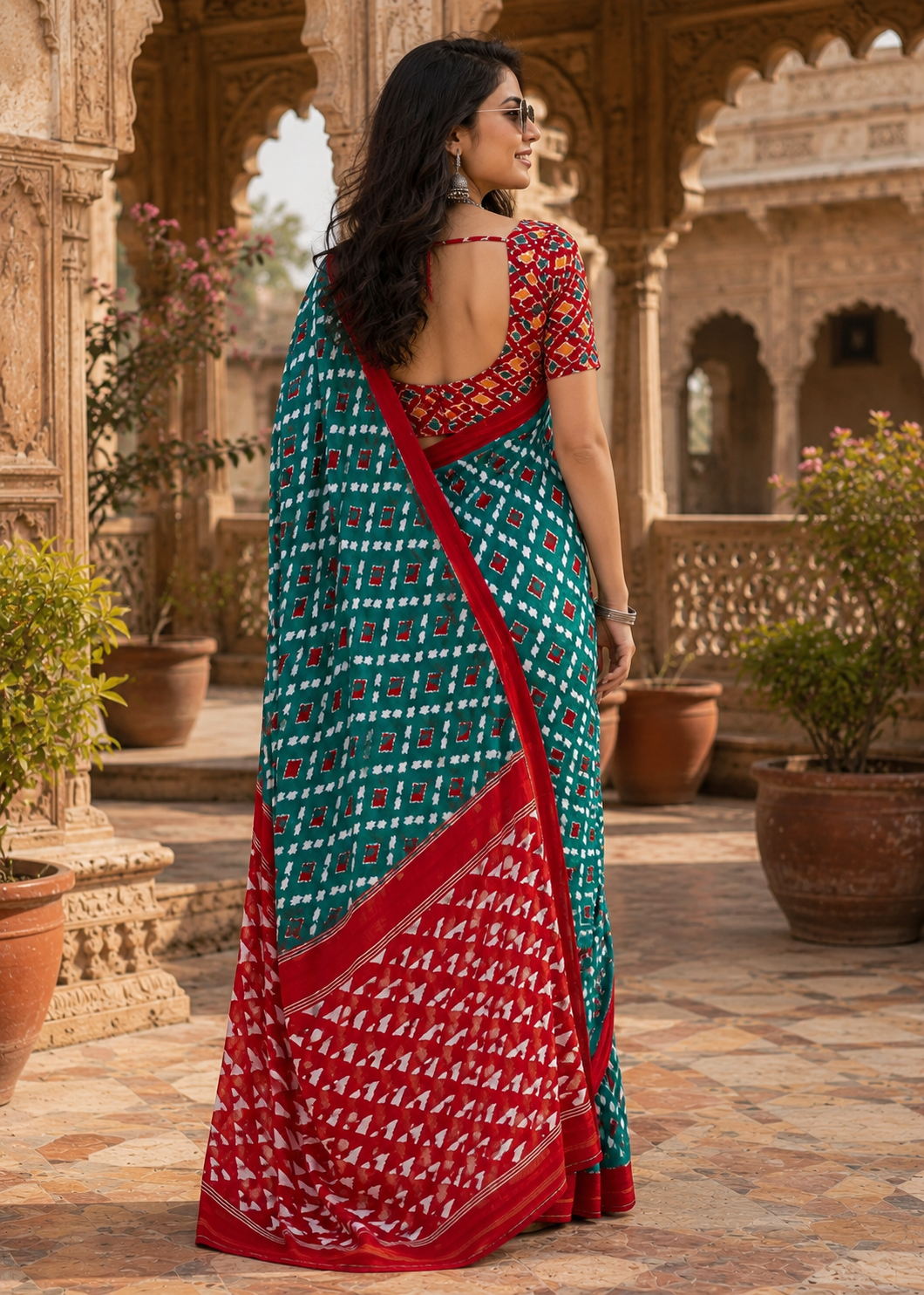 Pure Mulmul Cotton Printed Saree With Unstitched Blouse(Rama)
