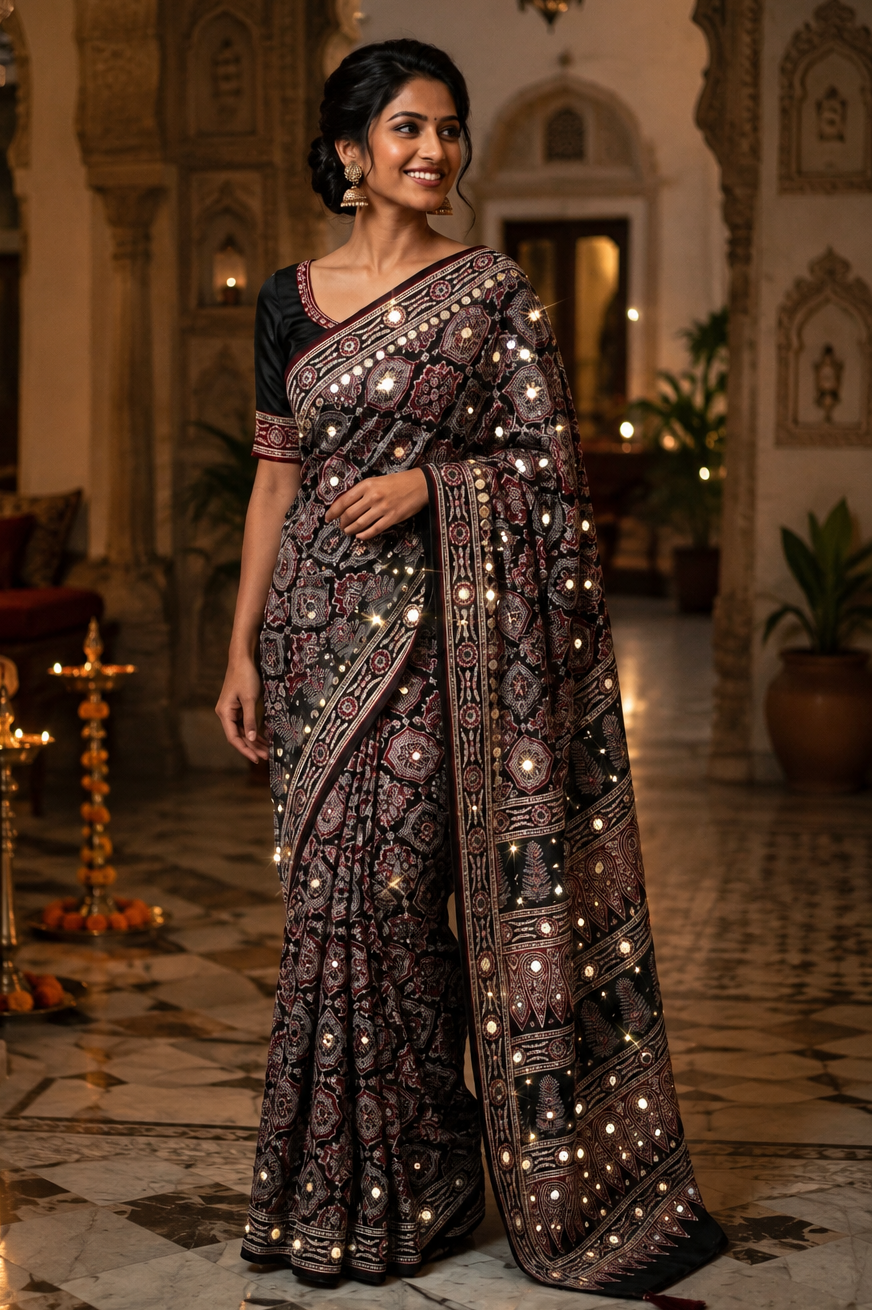Premium Satin Ajrakh Printed Mirror Work Saree With Unstitched Blouse(Black)