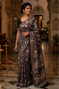 Premium Satin Ajrakh Printed Mirror Work Saree With Unstitched Blouse(Black)