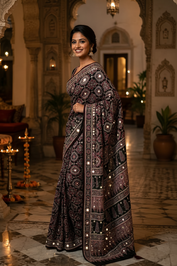 Premium Satin Ajrakh Printed Mirror Work Saree With Unstitched Blouse(Black)