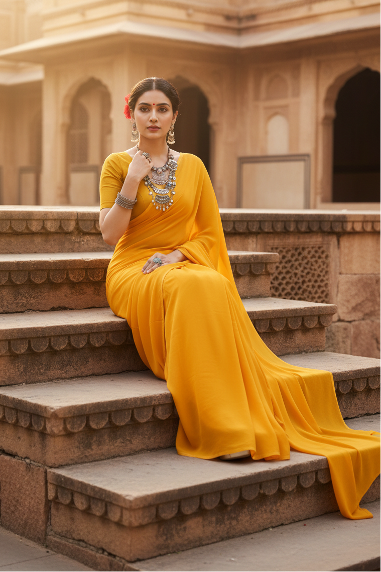 Women's Georgette Plain Saree With Blouse (Gold, 5-6 Mtrs) Kashvii