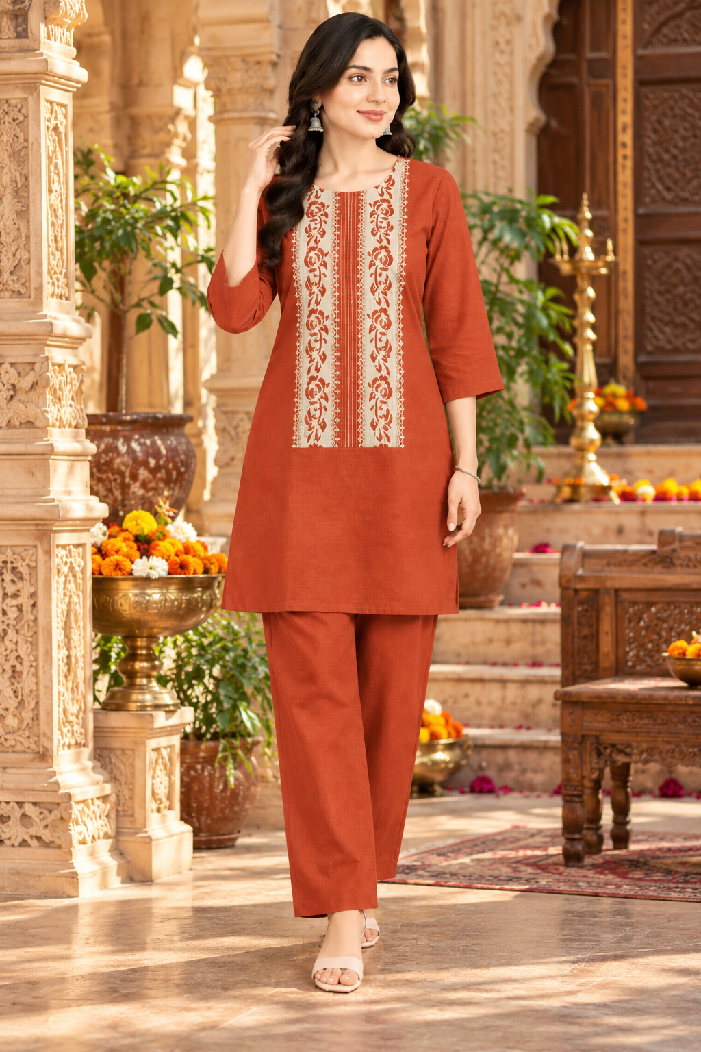 Cotton Kurti Pant Two Piece Set(Orange)