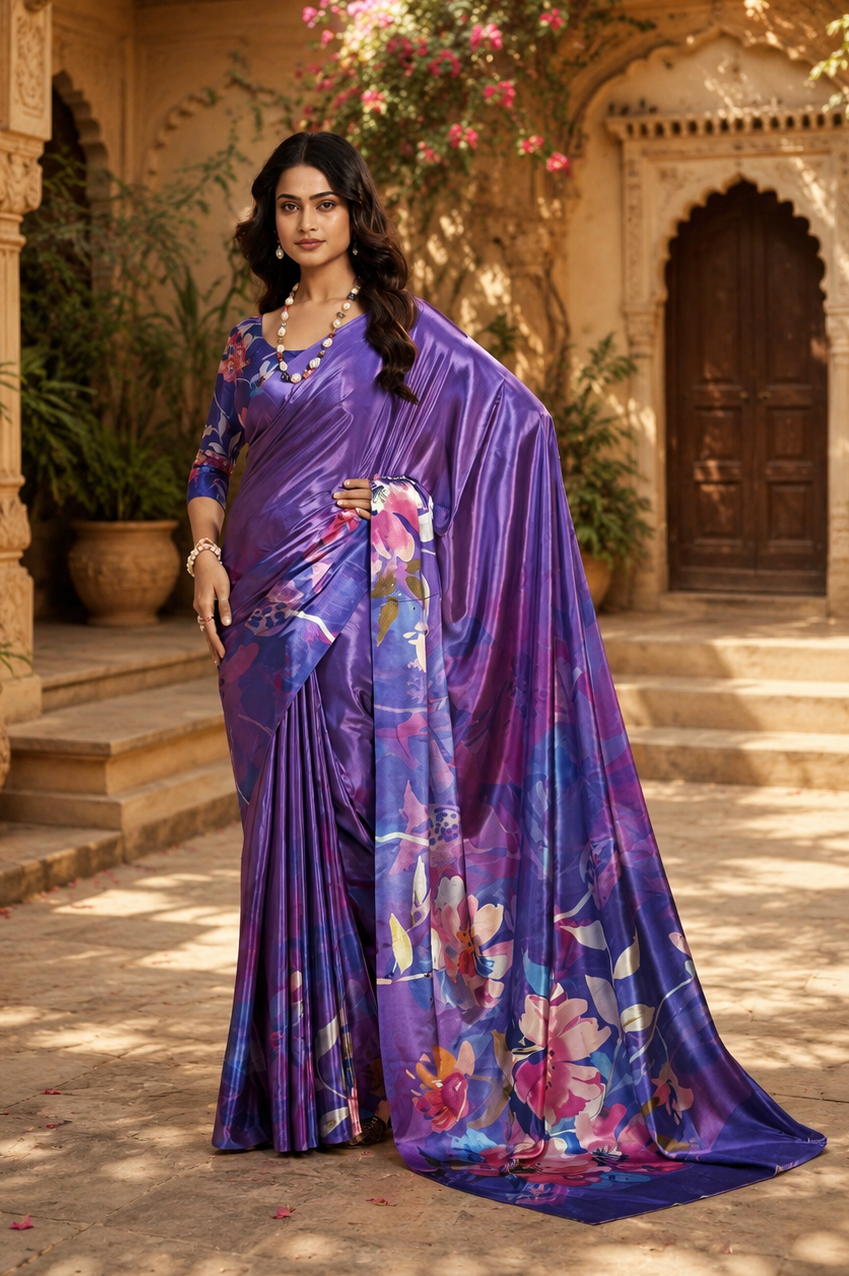 Premium Crepe Silk Digital Floral Print Saree With Unstitched Blouse(Violet)