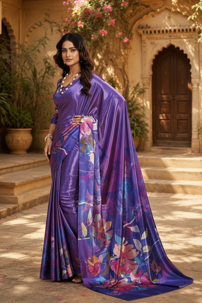 Premium Crepe Silk Digital Floral Print Saree With Unstitched Blouse(Violet)