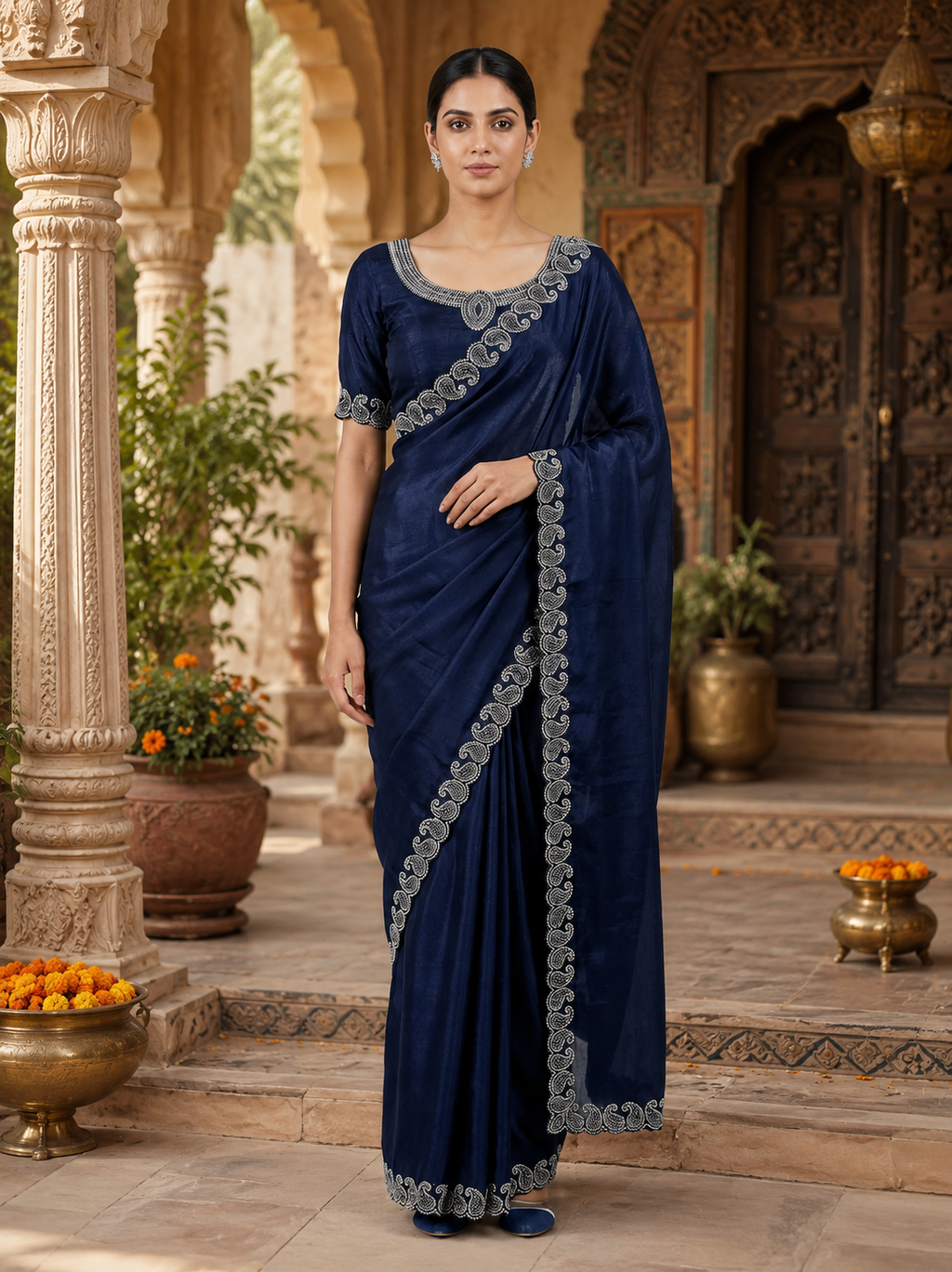 Elegant Zarkhan Diamond Work Space Silk Saree With Unstitched Blouse(Navy Blue)