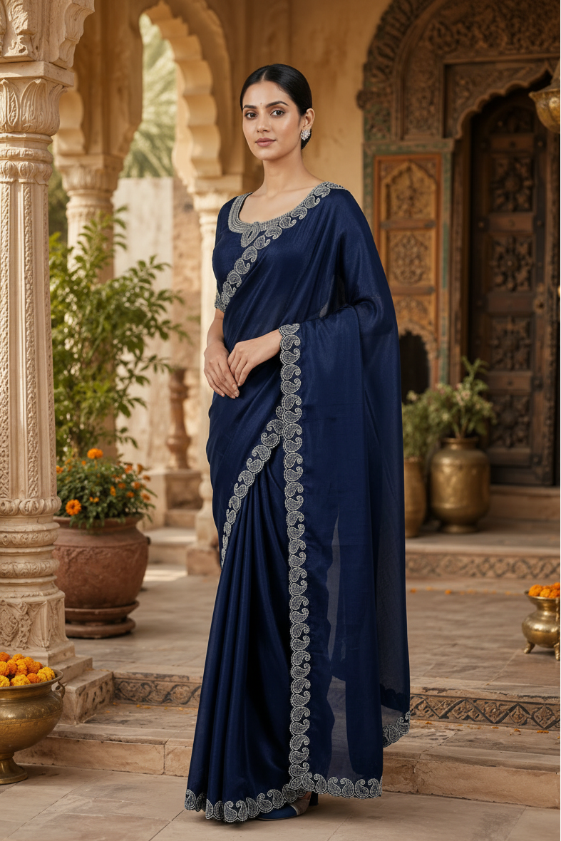 Elegant Zarkhan Diamond Work Space Silk Saree With Unstitched Blouse(Navy Blue)