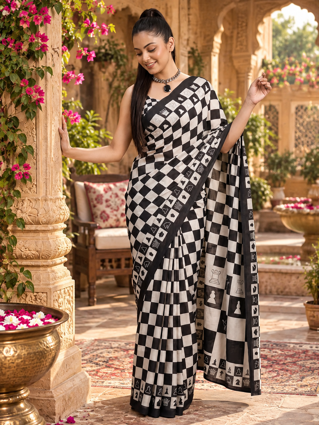 Pure Satin Silk Ajrakh Print Saree With Unstitched Blouse(Black)