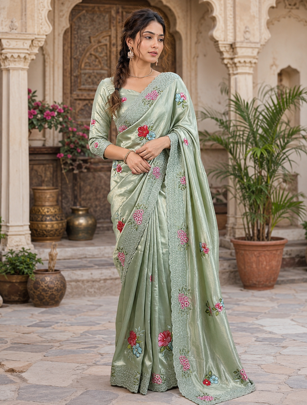Georgette Multi Embroidery Work Saree With Unstitched Blouse(Teal)
