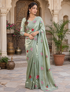 Georgette Multi Embroidery Work Saree With Unstitched Blouse(Teal)
