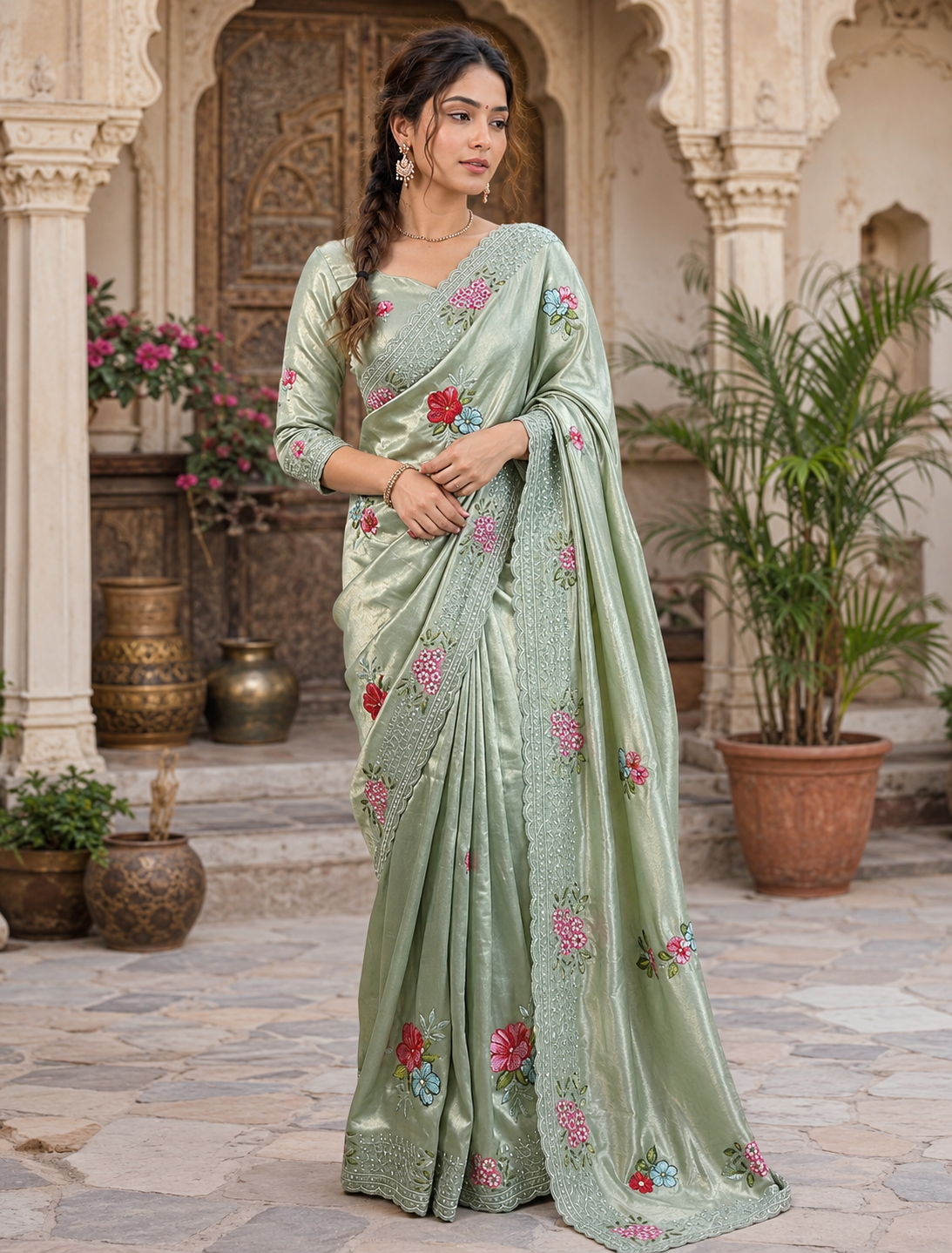 Georgette Multi Embroidery Work Saree With Unstitched Blouse(Teal)